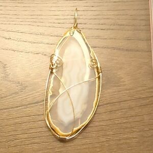 Gold and Cream Wire-Wrapped Geode Pendant
